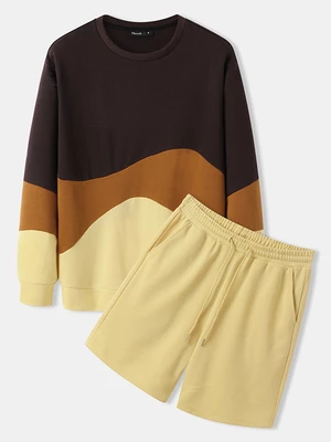 Mens Color Block Stitching Sweatshirt Pullover Two Pieces Outfits