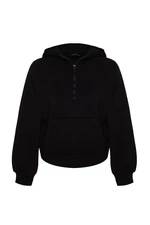 Trendyol Black Hoodie with Zipper, Relaxed-Cut Crop, Fleece Inside, Knitted Sweatshirt