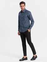 Ombre Men's SLIM FIT patterned cotton shirt - dark blue