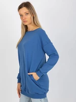 Basic dark blue long sweatshirt with round neckline