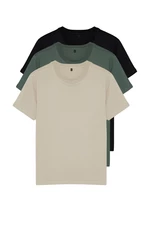 Trendyol Black-Beige-Khaki Men's Basic Slim Fit 100% Cotton 3-Pack Crew Neck Short Sleeve T-Shirt