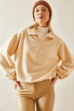 XHAN Cream Zippered High Collar Fleece Sweatshirt