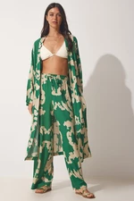 Happiness İstanbul Women's Green Beige Patterned Viscose Kimono Palazzo Pants Suit