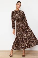 Trendyol Brown Leopard Patterned Belt Detailed Crinkle Woven Dress