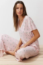 Trendyol Powder-Multicolored Floral Knitted Pajamas Set