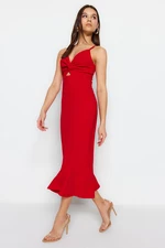 Trendyol Red Crepe, Fitted Straps Cut Out Detailed Ruffles Sweetheart Neck Mini Knitted Dress