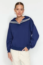 Trendyol Navy Blue Oversize/Wide Fit Sweater Collar Detailed Diagonal Knitted Sweatshirt