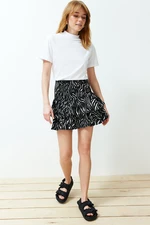 Trendyol Black Animal Printed Frilly Gimped Ribbed Stretch Knitted Skirt