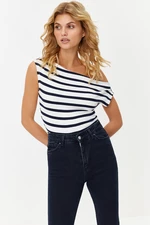 Trendyol Navy Blue Striped Boat Neck Fitted Flexible Knitted Blouse with Viscous/Soft Fabric