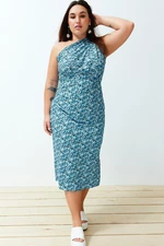 Trendyol Curve Blue Printed Fitted One-Shoulder Asymmetric Gathering and Detail Knitted Dress