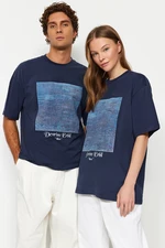 Trendyol Navy Blue Unisex Oversize Revolution Erbil Printed Knitted T-Shirt