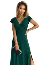 Women's glittering long dress with a neckline CRYSTAL - green