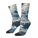 Funny Crazy Sock for Men Ocean Waves Repeatable Pattern Hip Hop Japanese Wave Breathable Pattern Printed Crew Sock Novelty Gift