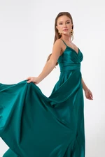 Lafaba Women's Emerald Green Long Satin Evening Dress &; Prom Dress with Thread Straps and Waist Belt