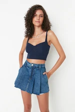 Trendyol Blue Pleated Normal Waist Denim Shorts Skirt