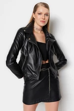 Trendyol Black Zipper Detailed Faux Leather Biker Jacket Coat