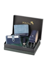 Polo Air Belt, Wallet, Card Holder, Keychain, Gift Box, Navy Blue Set