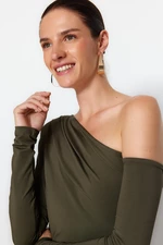 Trendyol Khaki Asymmetrical Collar Long Sleeved Flexible Knitted Bodysuit