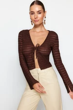 Trendyol Brown Premium Tie Detail Textured V Neck Flexible Knitted Blouse