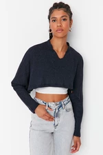 Trendyol Navy Blue Super Crop Long Sleeve Knitted Knitted Blouse