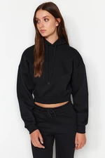 Trendyol Black Thick Fleece Inner Hoodie. Relaxed-Cut Crop Basic Knitted Sweatshirt