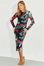 Cool & Sexy Women's Multi Lined Draped Patterned Tulle Midi Dress