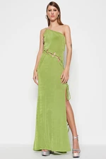 Trendyol Oil Green Knitted Window/Cut Out Detailed Long Evening Evening Dress