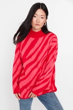 Trendyol Red Pink Animal Striped Pattern Knitwear Sweater