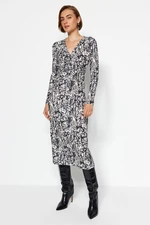 Trendyol Black Patterned Draping Detailed Long Sleeve Fitted Midi Knitted Dress