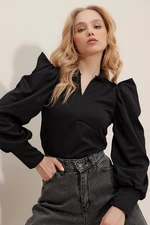 Trend Alaçatı Stili Women's Black Full Collar Princess Sleeve Woven Crop Blouse