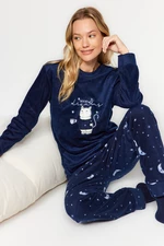 Trendyol Navy Blue Cat zamatové tričkové nohavice a pletené pyžamá s potlačou