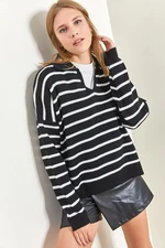 Bianco Lucci Women's Polo Neck Striped Oversized Knitwear Sweater