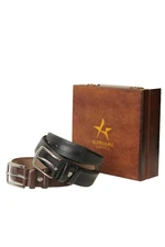 ALTINYILDIZ CLASSICS Men's Black-Brown Special Wooden Gift Boxed 2-Piece Suit Belt Groom's Pack