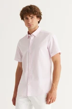 AC&Co / Altınyıldız Classics Men's Pink Slim Fit Slim Fit Shirt with Hidden Buttons Collar 100% Cotton See-through Pattern Short Sleeve Shirt.