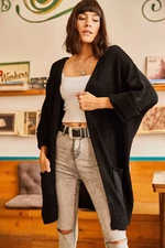 Olalook Women's Black Loose Folded Sleeves Knitwear Cardigan with Pocket