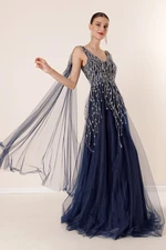 By Saygı Tie Back Lined Long Tulle Dress with Sequins and Beads Embroidered Navy Blue