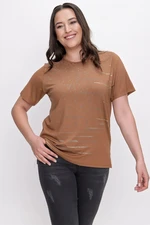 By Saygı Stone Detailed Patterned Short Sleeves Plus Size Lycra Viscose Blouse Cinnamon