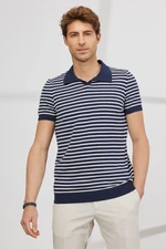 AC&Co / Altınyıldız Classics Men's Navy Blue-White Standard Fit Regular Cut Polo Neck 100% Cotton Short Sleeves Striped Knitwear T-Shirt.