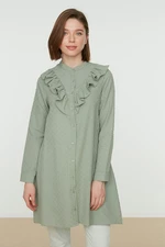 Trendyol Green Collar Ruffle Detailed Shirt With Pompom, Woven Cotton