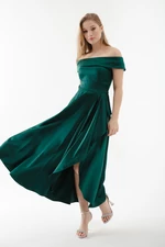 Lafaba Women's Emerald Green Boat Neck Midi Satin Evening Dress