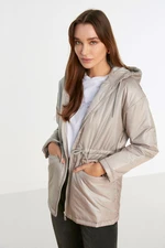 Trendyol Stone Oversize Hooded Inflatable Coat with Smocking at the Waist