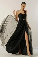 By Saygı Strapless, Buckled Waist, Draped and Lined Long Tulle Dress