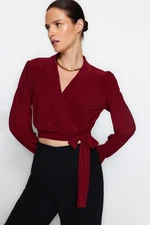 Trendyol Claret Red Double Breasted Crop Stretch Knitted Blouse