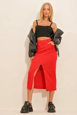 Trend Alaçatı Stili Women's Red Slit Midilength Skirt