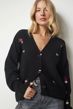 Happiness İstanbul Women's Black Floral Embroidered One Button Knitwear Cardigan