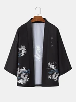 Mens Dragon Graphic Japanese Letter Front Open Soft Kimonos