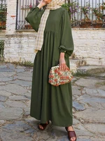 Women Retro Solid Puff Sleeve Hollow Out Collar Abaya Kaftan Pleated Maxi Dress