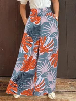 Woman Elastic Waist Floral Preppy Style 100% Polyester Loose Pants