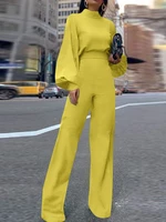 Women Puff Sleeve SolidAnkle Length Zipper O-Neck Casual Jumpsuits