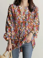 Women Floral Printed Flare Sleeve Elastic Cuff Drawstring Waist Casual Shirts